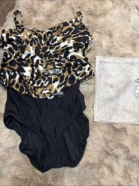 Animal Print Ruffle One-Piece Swimsuit - Black & Tan XL